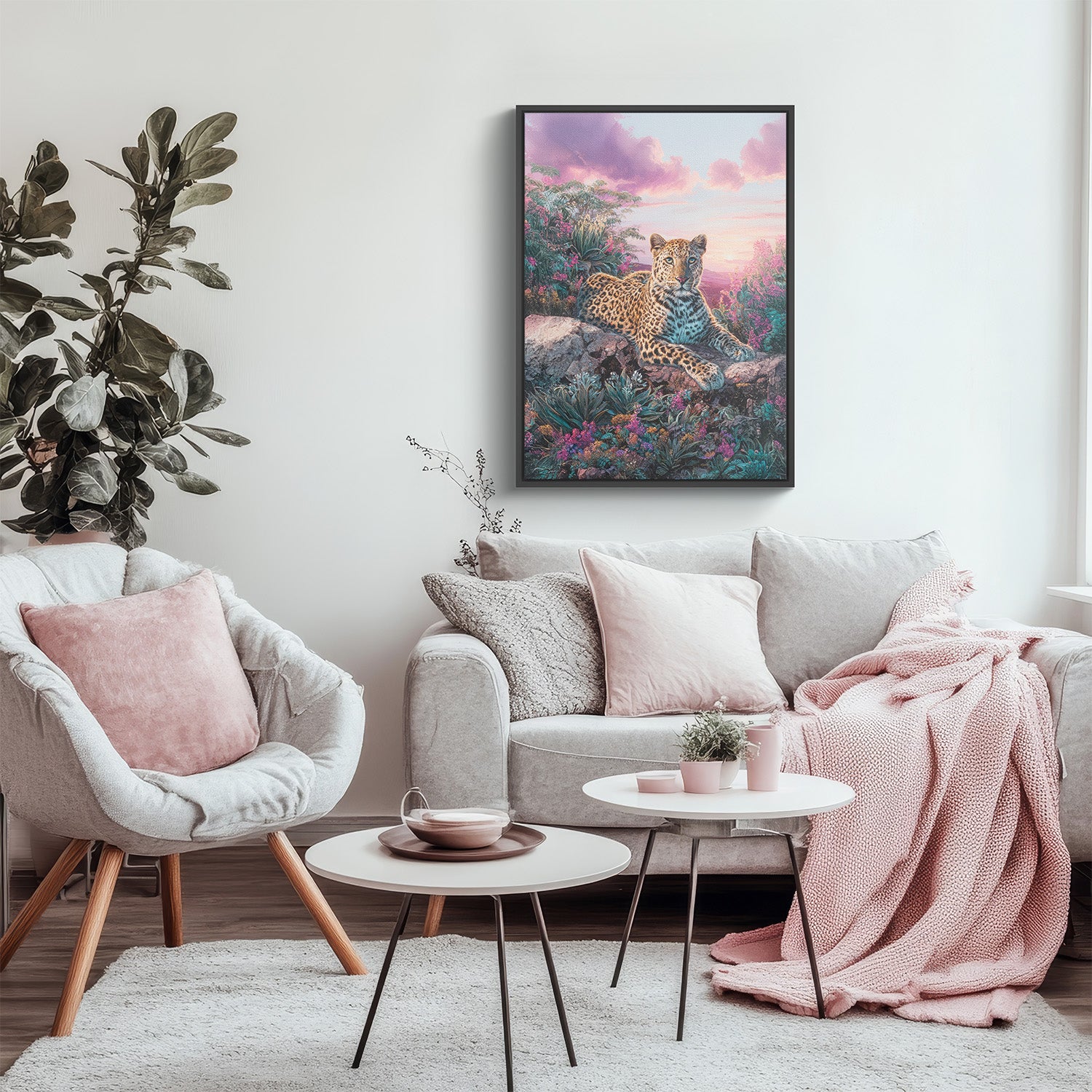 Cozy living room with a gray sofa, pink cushions, and a painting of a leopard on the wall.