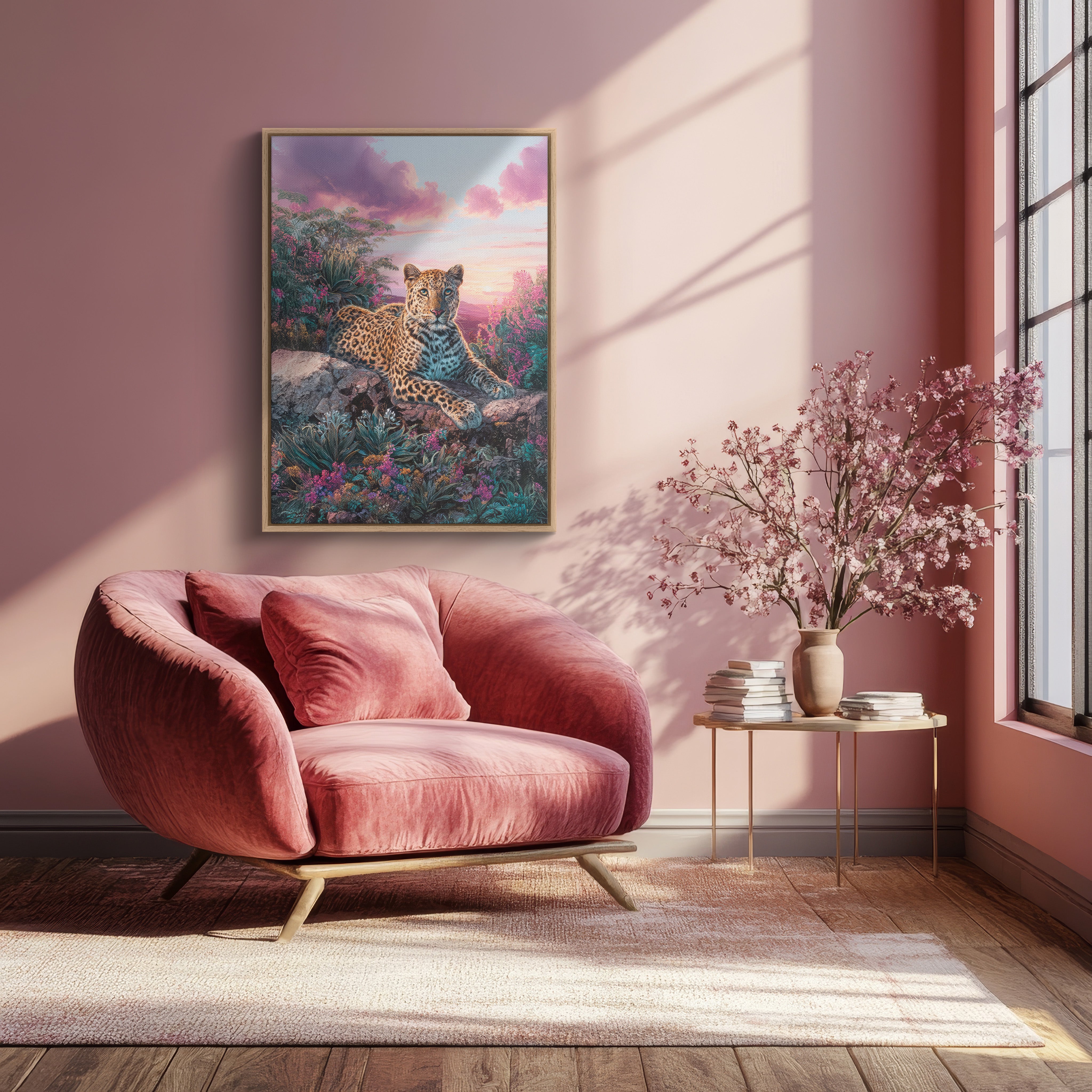Pink armchair in a room with a painting of a leopard and a vase of flowers on a small table.