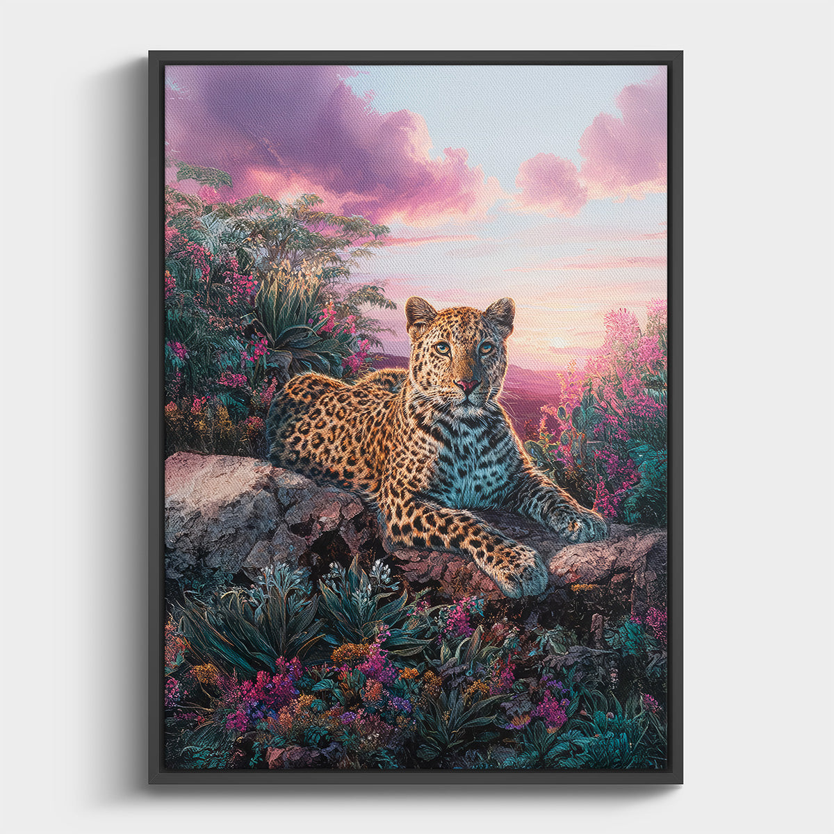 Leopard resting among lush foliage at sunset, colorful wildlife wall art
