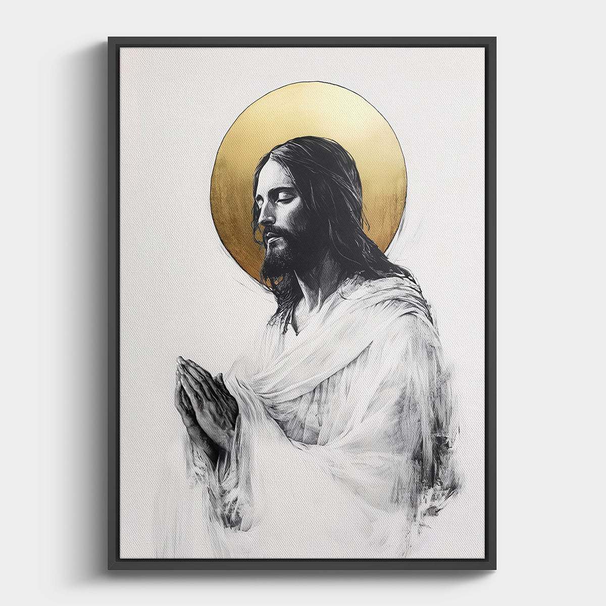Jesus praying in quiet devotion, minimalist Christian wall art with golden halo