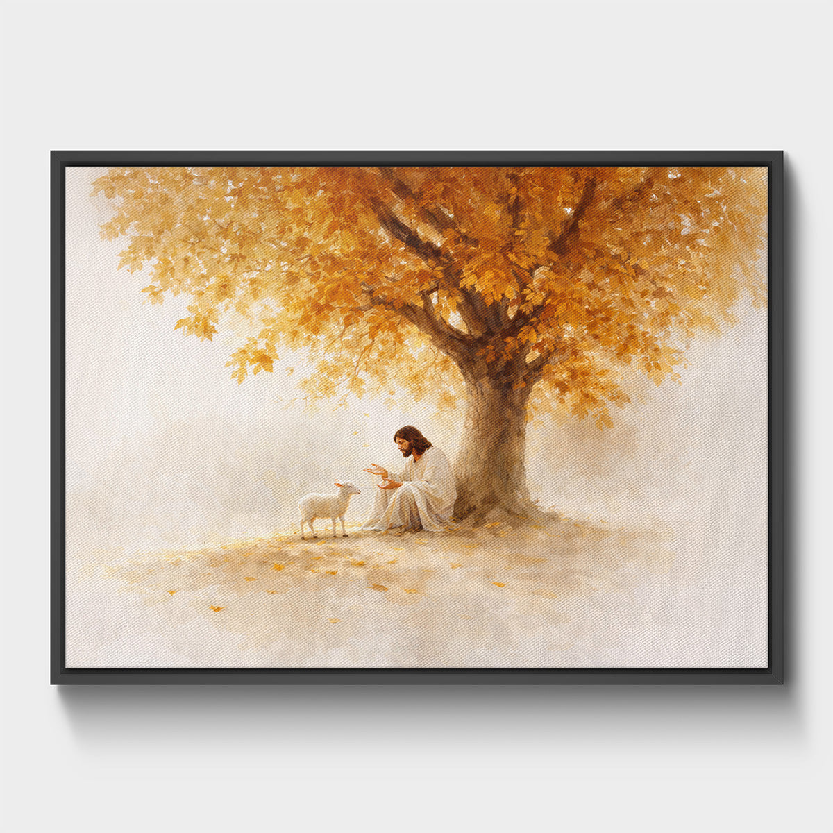 The Lost Lamb biblical artwork portraying Jesus with a lamb under autumn tree.