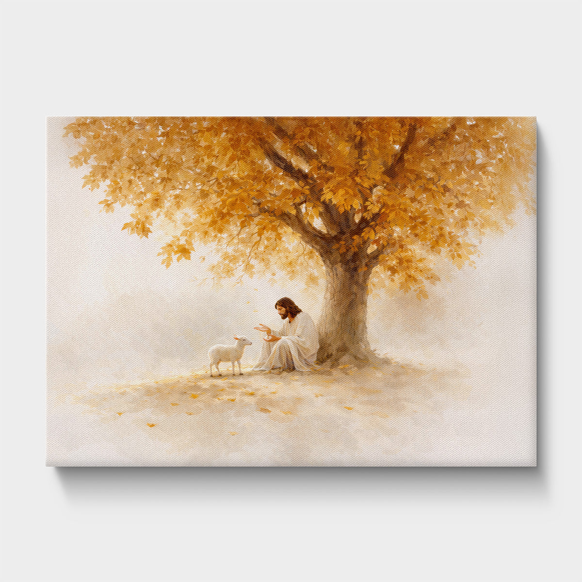 The Lost Lamb Christian canvas showing Jesus sitting beneath golden tree with a lamb.
